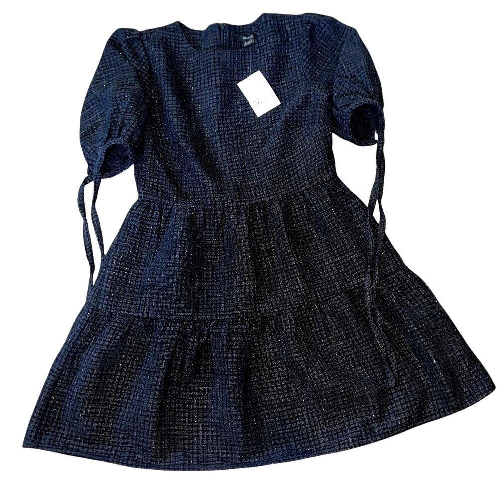 Black Puff Sleeve Mini Dress Textured Tiered Coquette Fall Aesthetic S - Picture 2 of 4